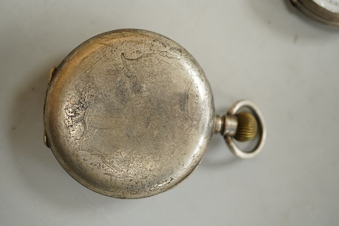 A late Victorian silver 'Improved Patent' open faced pocket watch, with Roman dial and subsidiary seconds, together with four other silver or white metal pocket/fob watches and three base metal chain sections.